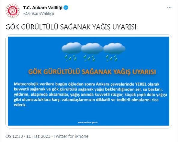 Ankara Valiliği’nden ‘sağanak’ uyarısı